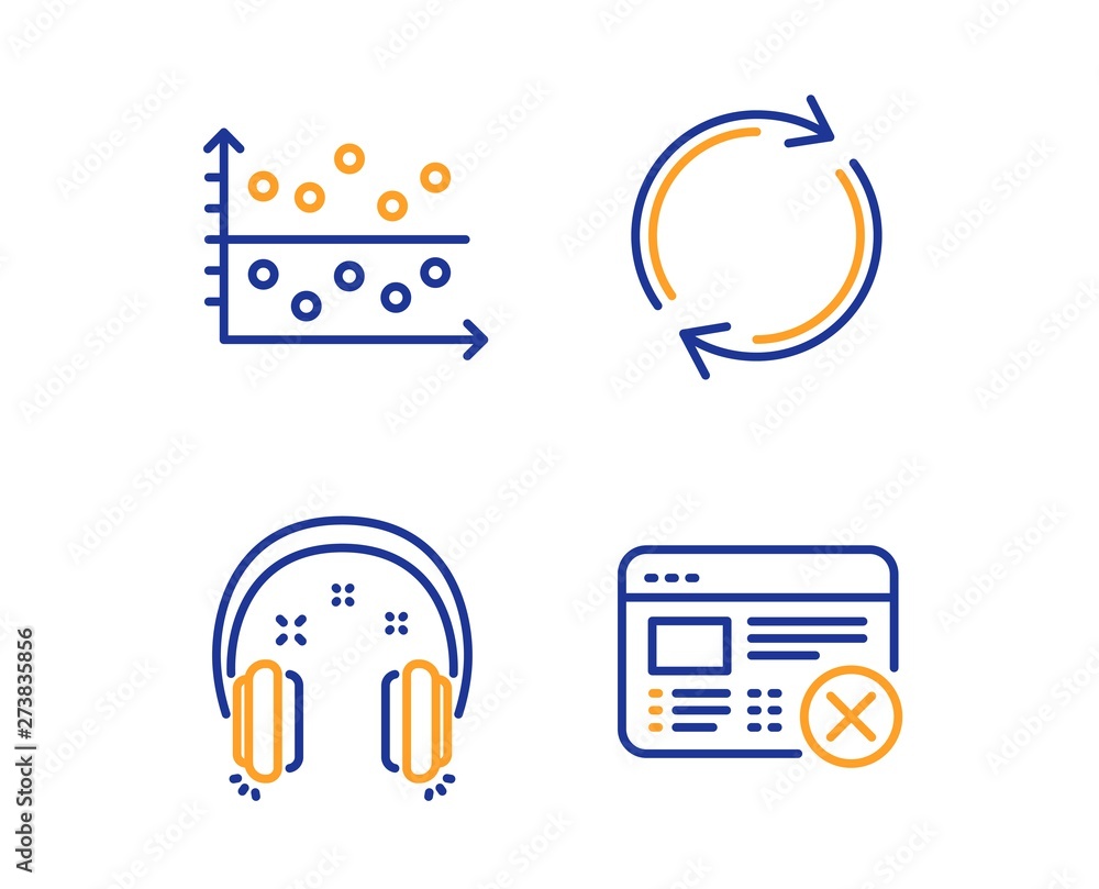 Poster full rotation, dot plot and headphones icons simple set. reject web sign. refresh or reload, present