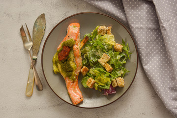 Sea food. Baked salmon and healthy salad. Top view. Healthy food.