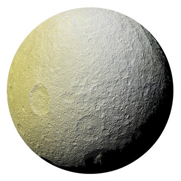 Saturn's icy moon Tethys isolated on white background. The elements of this image furnished by NASA.