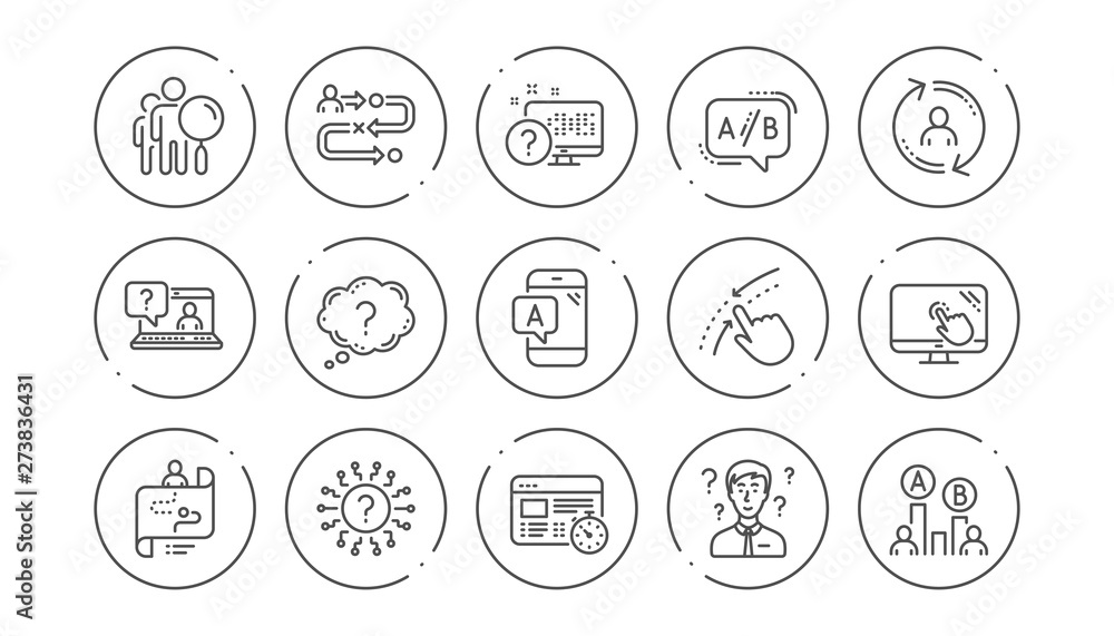 Poster ux line icons. ab testing, journey path map and question mark. quiz test linear icon set. line butto