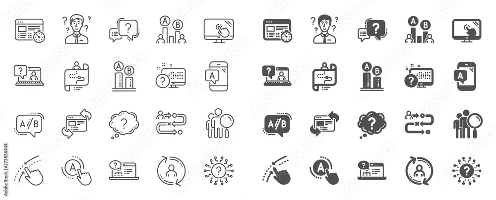 Poster ux line icons. set of ab testing, journey path map and question mark icons. usability quiz test, ux 