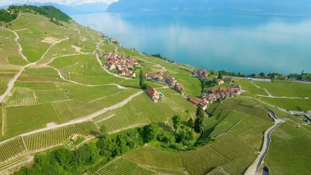 Aerial POV over Epesses Village at Lavaux Vineyard in Vaud, Switzerland.