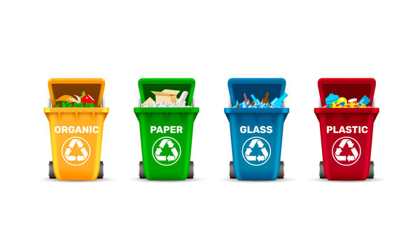 Waste bins, waste sorting, organic plastic glass and paper, a set of colored containers