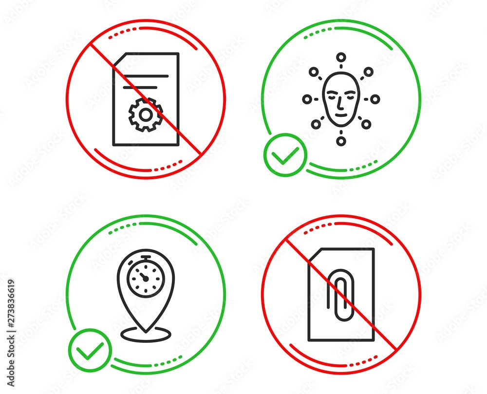 Poster do or stop. face biometrics, file settings and timer icons simple set. attachment sign. facial recog