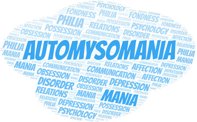 Automysomania word cloud. Type of mania, made with text only.