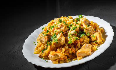 Chicken Breast with Rice and vegetables in white plate on dark black background