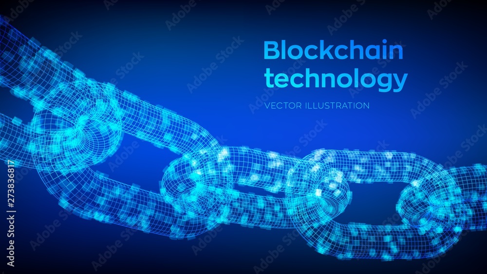 Poster block chain. crypto currency. blockchain concept. 3d wireframe chain with digital blocks. editable c