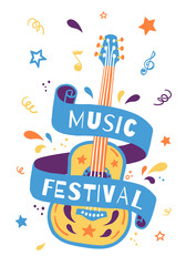 Vector hand draw illustration with acoustic guitar and lettering. Great element for music festival or t-shirt. Event Creative Poster Concept.