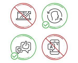 Do or Stop. Sales diagram, Face id and Like icons simple set. Ab testing sign. Sale growth chart, Identification system, Star rating. Phone test. Technology set. Line sales diagram do icon. Vector