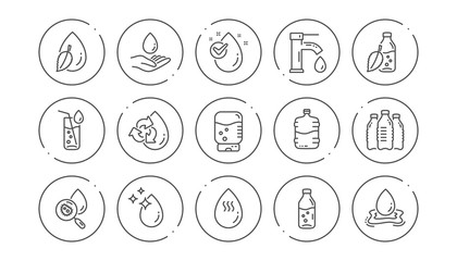 Water drop line icons. Bottle, Antibacterial filter and Tap water. Clean water linear icon set. Line buttons with icon. Editable stroke. Vector