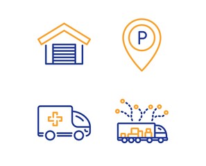 Parking garage, Parking and Ambulance emergency icons simple set. Truck delivery sign. Car place, Park pointer, Medical transport. Logistics. Transportation set. Linear parking garage icon. Vector