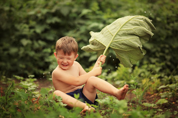 Boy with burdock in hands