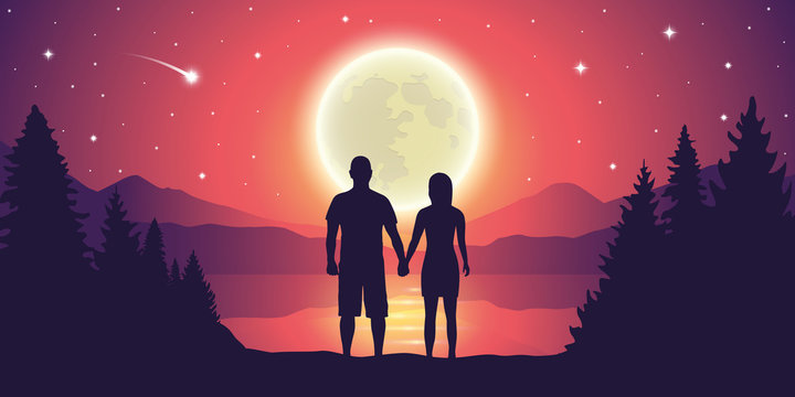 couple looks to the full moon and falling stars at beautiful lake vector illustration EPS10