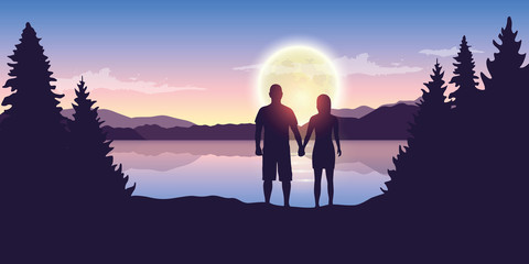 young couple looks to the full moon at beautiful lake vector illustration EPS10