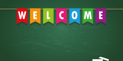 welcome party flag banner on school black board background vector illustration EPS10