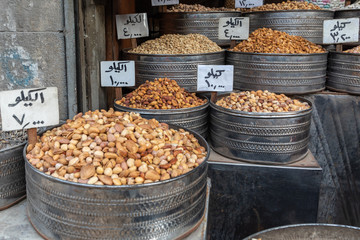 Spices on the market in Amman downtown, Jordan. Choice of Arabic spices on the Middle East bazaar.
