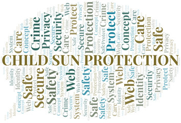 Child Sun Protection word cloud. Wordcloud made with text only.