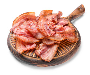 Board with fried bacon on white background