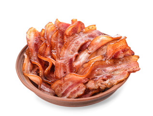 Plate with fried bacon on white background