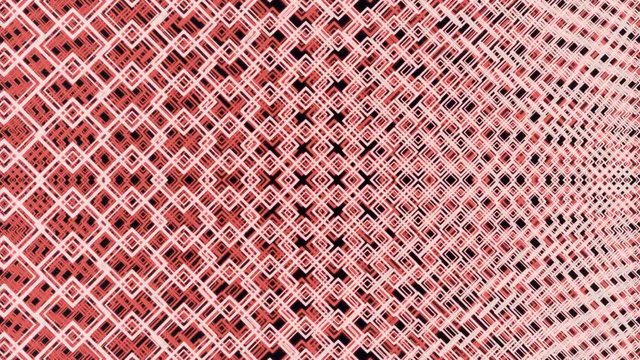 Abstract small square frames in rows rotating and changing color on black background. Animation. Bright yellow, red, green, blue grid of spinning squares, seamless loop.