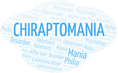 Chiraptomania word cloud. Type of mania, made with text only.