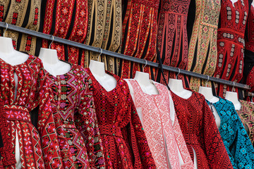 Traditional colorful woman bedouin dresses in Jordan. Handmade fashion style.