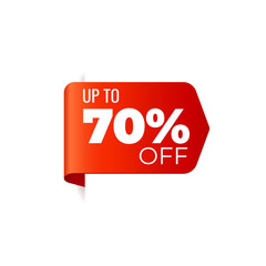 Red Vector Banner Ribbon on white background, left bookmark, up to 70 percent off