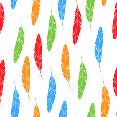 Colorful simple striped feathers on white seamless pattern, vector
