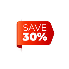Red Vector Banner Ribbon on white background, left bookmark, save 30 percent