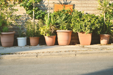 Flower pots near the house. Bodrum street view in Turkey. - Image
