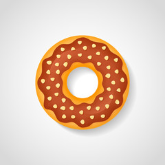 Sweet donut with chocolate glaze and nuts isolated on white background. Vector illustration.