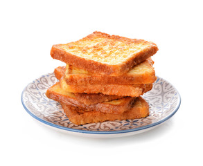Plate with tasty French toasts on white background