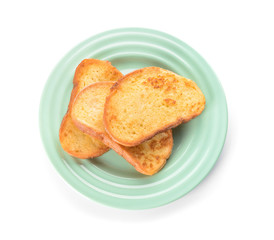 Plate with tasty French toasts on white background