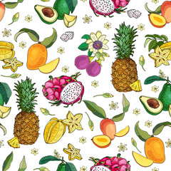 Exotic fruits frame.Avocado,carambola,mango,pitahaya,pineapple,passionfruit.Bright summer vector illustration.Seamless pattern