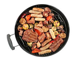 Grill with tasty cooked meat and vegetables on white background