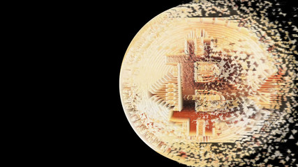 Shattered / Broken Bitcoin, The Symbol of Digital Currency or Virtual Money Is Ending.  Isolated on Dark Background.