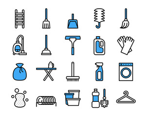 Cleaning Equipment icon set. Vector thin line style.
