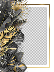 Palm leaves and luxurious frame in black gold color. Tropical leaf illustration on transparent background. Vector illustration for cover, photo frame, invitation, souvenir design.