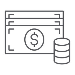 Cash thin line icon, finance and currency, money sign, vector graphics, a linear pattern on a white background.