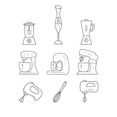 Set of kitchen accessories - whisk, mixer, blender. Black and white icons.  Vector illustration.