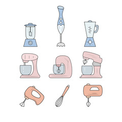 Icon set of kitchen accessories - whisk, mixer, blender.  Vector illustration.
