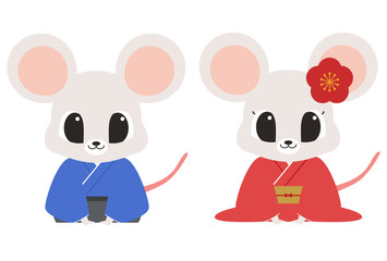 着物で挨拶するネズミの年賀状イラスト