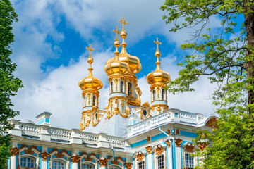 Fototapeta na wymiar Catherine palace church dome in Tsarskoe Selo (Pushkin), St. Petersburg, Russia