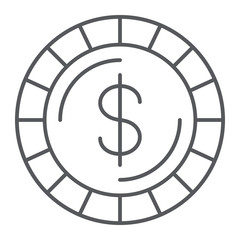 Money coin thin line icon, finance and money, cent sign, vector graphics, a linear pattern on a white background.