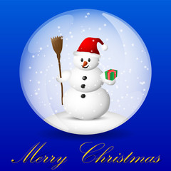 Christmas greeting card with snowman inside snow globe 