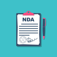 Non disclosure Agreement document with signature and stamp. NDA concept. Signature a privacy document. Vector illustration flat design. 