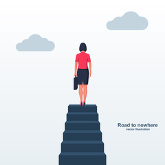 Road to nowhere landing page. Businesswoman is standing at the top of the stairs. Vector illustration flat design. Isolated on white background. Female at top of the cliff.