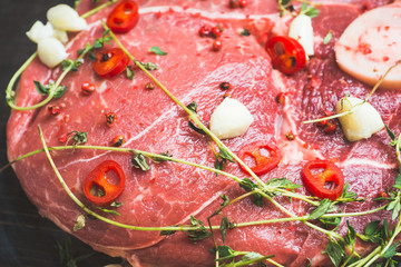 Raw fresh meat on the rustic background. Selective focus. Shallow depth of field. 