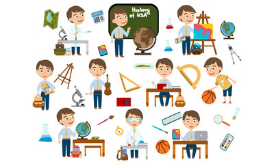 A set of boy with brown hair school student. Student in different lessons: science, history, sports, art, maths, English, information technology, music. Conducting experiments. Cute vector