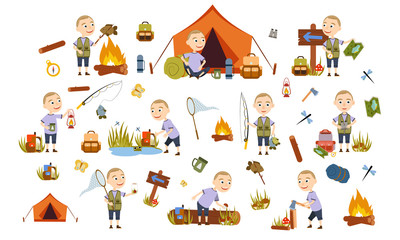 Set little blonde girl gardening plants, weed beds, watering seedlings, pruning bushes and trees, working in the garden. People and garden tools. Vector illustration